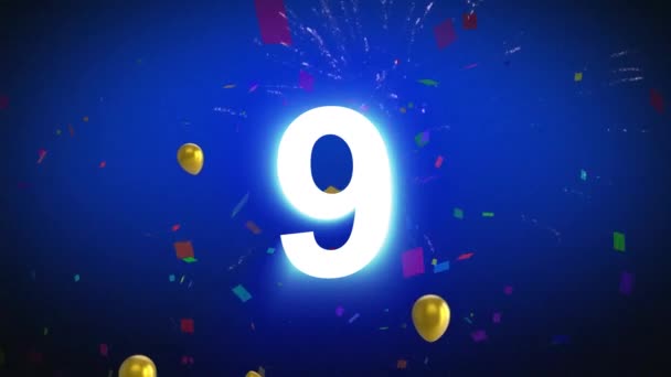 Animation Countdown White Gold Balloons Floating Confetti Falling Fireworks Blue — Stock Video