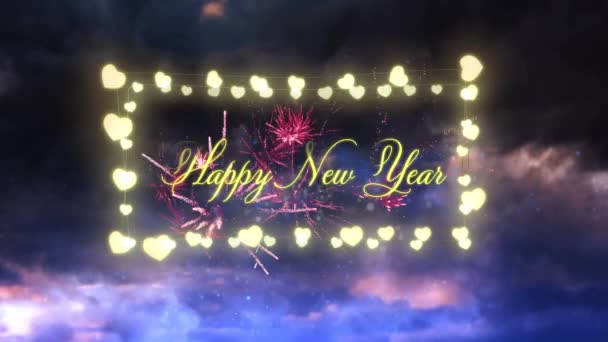 言葉のアニメーション黄色の文字で幸せな新年と背景に花火と輝くハート型の妖精の光の長方形のフレーム — ストック動画