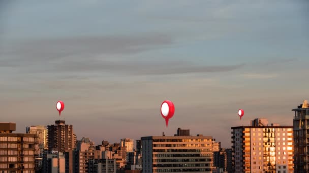 Animación Tres Alfileres Localización Roja Blanca Sobre Paisaje Urbano — Vídeos de Stock