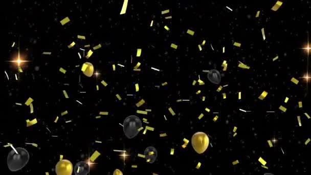 Анимация Плавающих Черных Золотых Воздушных Шаров Золотых Конфетти Падающих Черный — стоковое видео