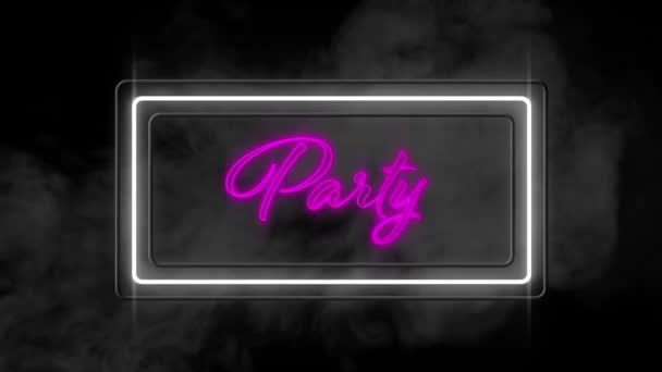 粉红派对霓虹灯的动画 带有闪光的框架和黑色背景上的烟云 — 图库视频影像