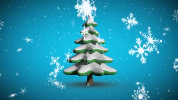 旋转的圣诞树和降在蓝色背景上的雪的动画 — 图库视频影像