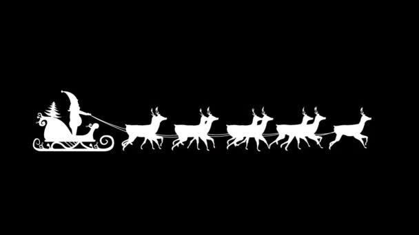 由驯鹿在黑色背景下拉动的雪橇上的白色圣诞老人肖像的动画 — 图库视频影像