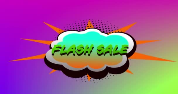 Анімація Слів Flash Продаж Зеленими Літерами Зеленій Бульбашці Мови Фіолетовому — стокове відео