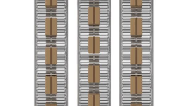 Animação Fileiras Caixas Papelão Que Deslocam Sobre Correias Transportadoras — Vídeo de Stock