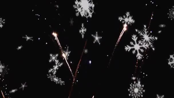 Animation Flocons Neige Tombant Avec Feux Artifice Sur Fond Noir — Video