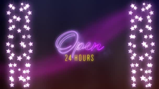 Animation Words Open Hours Neon Sign Purple Yellow Flickering Letters — Stock Video