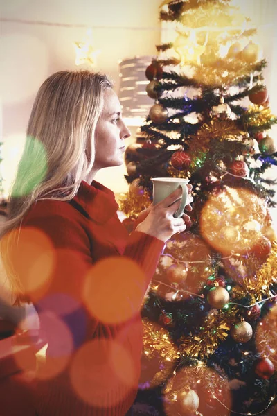 Composite Image Brown Parquet Woman Drinking Tea Home Christmas Time — Stock Photo, Image