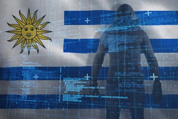 Hacker Masculino Vestindo Capuz Preto Enquanto Está Contra Bandeira Nacional — Fotografia de Stock