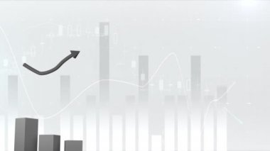 3d gri blok grafiğinin canlandırılması ve yukarı bakan beyaz arkaplandaki veri ve istatistiklerle siyah bir ok