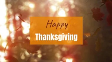 Mutlu Şükran Günleri 'nin animasyonu Sonbaharda renkli yaprakları dökülen turuncu bir pankartta siyah beyaz harflerle.