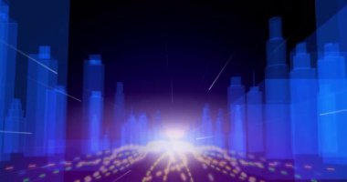 Koyu mavi zemin üzerinde hareketli çizgileri olan bir şehirdeki binaların 3D mimari çizimlerinin animasyonu 4k