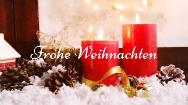 Animación Las Palabras Frohe Weihnachten Escrito Blanco Con Decoraciones Navideñas — Vídeo de stock