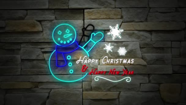 闪烁不定的文字动画圣诞快乐 新年快乐 红白相间的霓虹灯 墙上挂满了雪人 — 图库视频影像