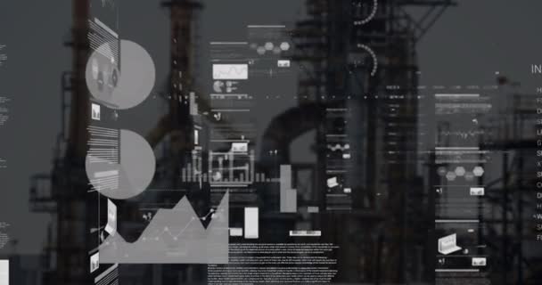 Анімація Обробки Даних Бізнес Графіків Статистики Промисловим Ландшафтом Фоновому Режимі — стокове відео