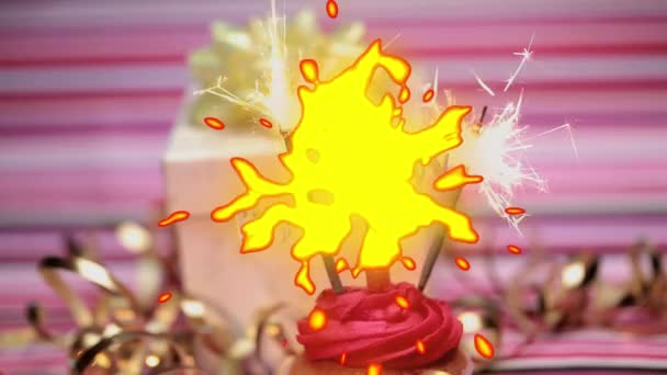 Анімація Слів Щасливий День Народження Жовтих Білих Листах Свічкою Блискітками — стокове відео