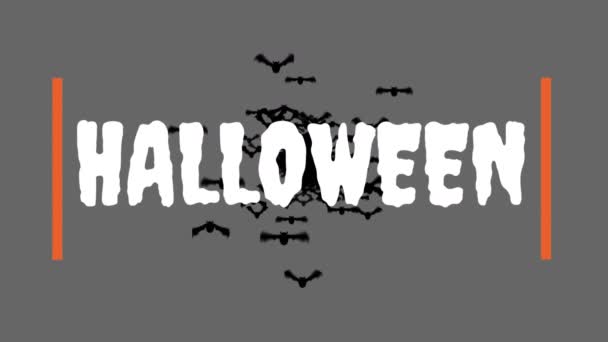 Animatie Van Het Woord Halloween Witte Letters Met Vleermuizen Vliegen — Stockvideo