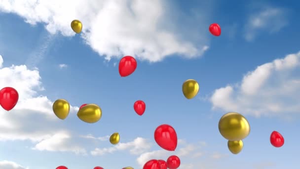 Animación Globos Rojos Dorados Flotando Con Cielo Azul Con Nubes — Vídeos de Stock