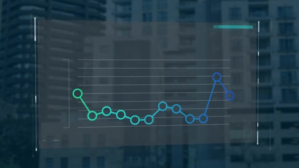 Animáció Kék Zöld Grafikon Egy Képernyőn Cityscape Háttérben — Stock videók