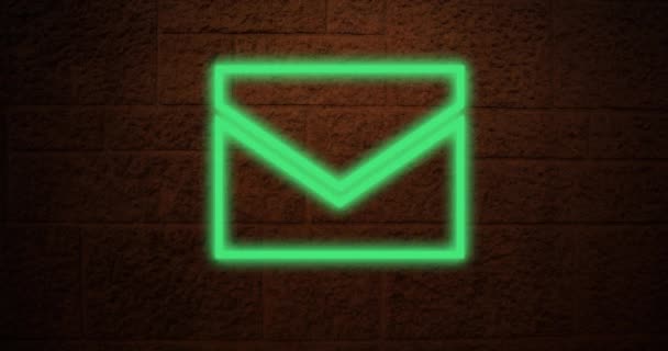 Animation Green Envelope Neon Sign Brick Wall — Stock Video