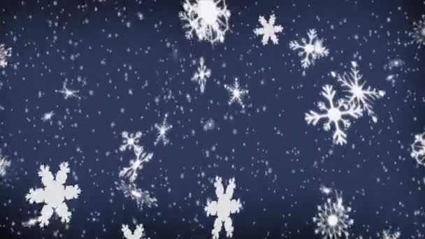 Animación Estrellas Que Caen Copos Nieve Sobre Fondo Azul — Vídeos de Stock