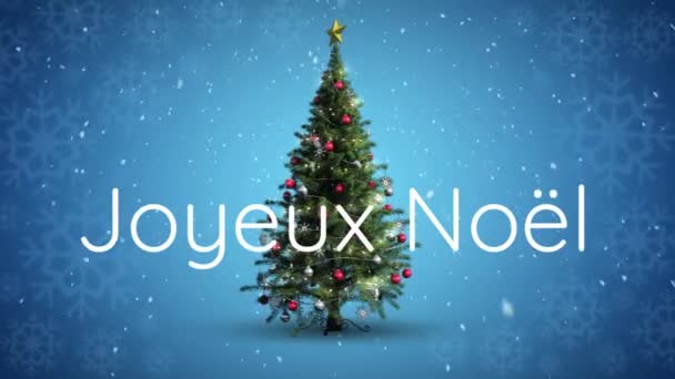 Animation Words Joyeux Noel Written White Christmas Tree Snowfall Background — Stock Video