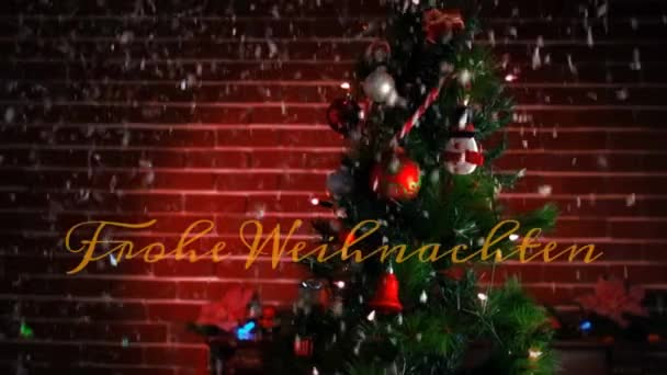 Animation Words Frohe Weihnachten Written Orange Christmas Tree Red Baubles — Stock Video