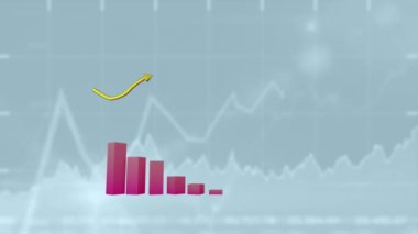 3D pembe blok grafiğinin animasyonu ve arka planda çizilmiş grafiklerle yukarı bakan sarı bir ok