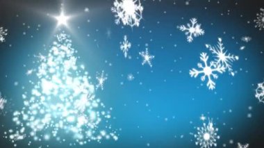 Mavi arka planda kar tanelerinin ve dönen Noel ağacının canlandırması