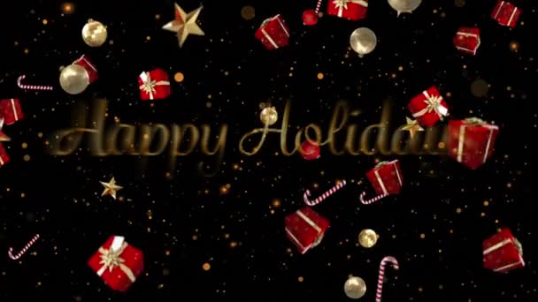 Animation Words Happy Holidays Written Falling Christmas Presents Black Background — Stock Video