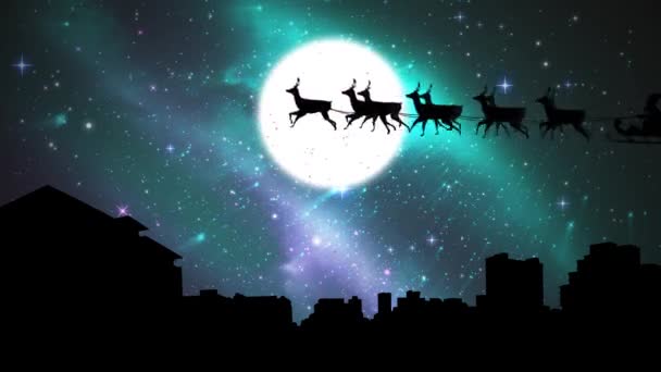 Animace Černé Siluety Santa Clause Saních Tažených Soby Přes Zimní — Stock video