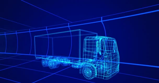 파란색으로 표시된 기술적 트럭의 애니메이션 배경에 그리드 — 비디오