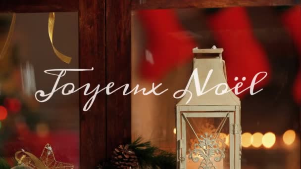 Animatie Van Woorden Joyeux Noel Geschreven Wit Boven Venster Met — Stockvideo