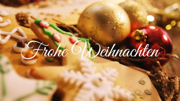 Animace Slov Frohe Weihnachten Napsáno Bílé Vánočními Sušenkami Pozadí — Stock video