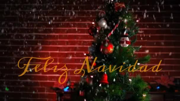 Animation Words Feliz Navidad Written Orange Christmas Tree Snowfall Background — Stock Video