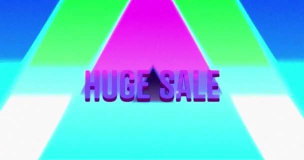 背景に虹色の三角形や街並みが動く紫色の文字で大販売の言葉のアニメーション4K — ストック動画