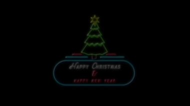 Kırpışan kelimelerin animasyonu Mutlu Noeller & Mutlu yıllar kırmızı ve beyaz bir afişle siyah arka planda Noel ağacı olan mavi bir pankartta