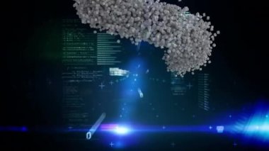 Hareket eden insan büstünün animasyonu ön planda veri işleme ile birlikte gri parçacıklardan oluştu