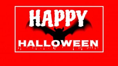 Kırmızı arka planda yarasanın kameraya uçtuğu beyaz ve kırmızı harflerle Mutlu Cadılar Bayramı 'nın animasyonu