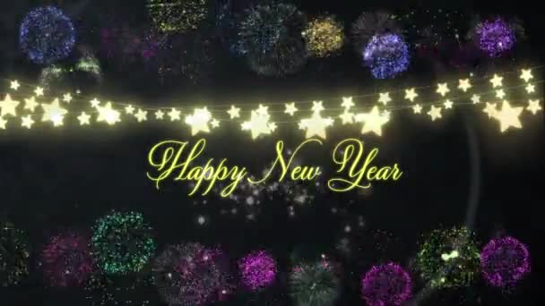 言葉のアニメーション背景に星型の妖精の光と花火の輝く文字列で黄色の文字で書かれたハッピーニューイヤー — ストック動画