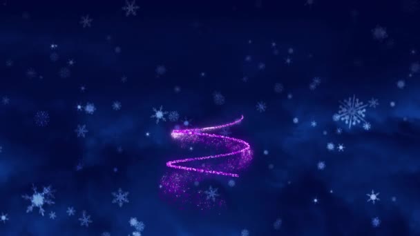 言葉のアニメーション背景に雪の輝く紫色の線で描かれたハッピークリスマスとクリスマスツリー — ストック動画