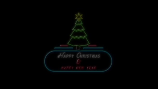 闪烁不定的词的动画圣诞快乐和新年快乐的霓虹灯标志 红白相间 蓝色横幅 背景是黑色的圣诞树 — 图库视频影像