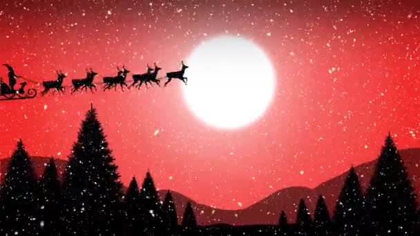 冬季夜晚 驯鹿在乡村上空拉着雪橇上的圣诞老人的黑色肖像 红色背景的月亮映衬着它 — 图库视频影像
