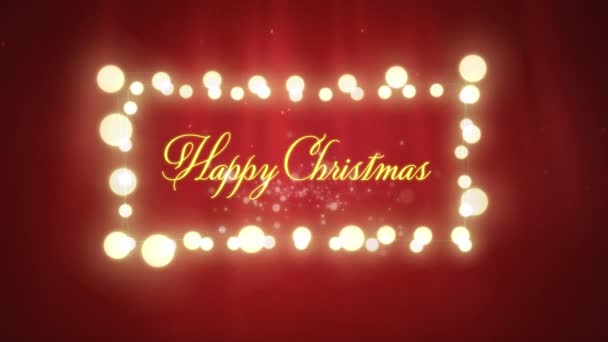 言葉のアニメーション赤い背景に輝く妖精の光の長方形のフレームに黄色の文字で書かれたハッピークリスマス — ストック動画