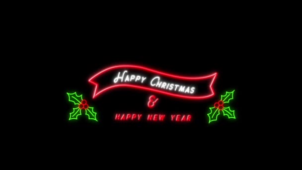 Animazione Parole Tremolanti Buon Natale Felice Anno Nuovo Cartello Neon — Video Stock