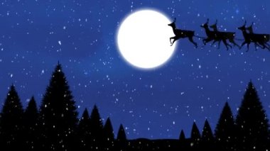 Noel Baba 'nın kızak içindeki siyah bir siluetinin mavi arka planda ren geyikleri tarafından çekilmesinin animasyonu. Ay, kar ve ağaçlar.