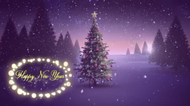 用黄色的字母 用椭圆形的灯框 在圣诞树和降雪的映衬下 生动地表达新年快乐的祝福 — 图库视频影像