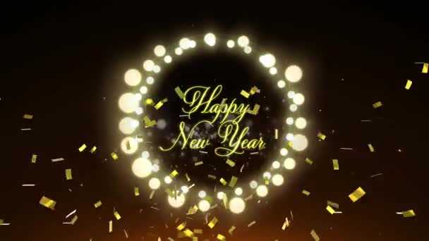 用黄色的字母把 新年快乐 这几个字在一个圆形的 闪烁着五彩纸屑的童话般的灯笼中动画化 — 图库视频影像