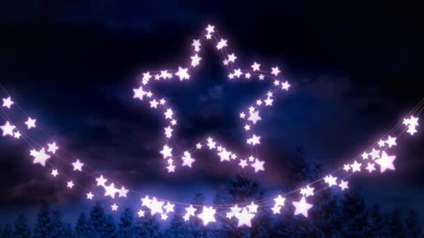 青い背景に輝く星型の妖精の光の文字列と星の装飾のアニメーション — ストック動画