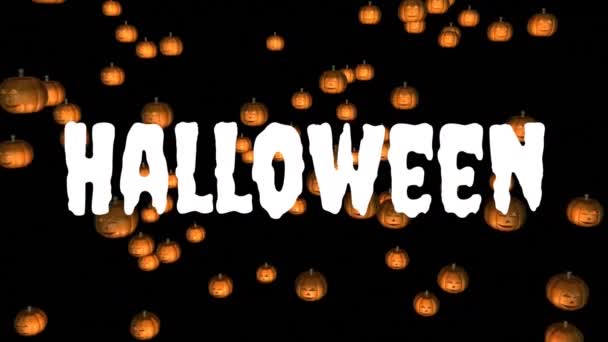 Анимация Слова Хэллоуин Написанного Белыми Буквами Тыквами Плавающими Черном Фоне — стоковое видео